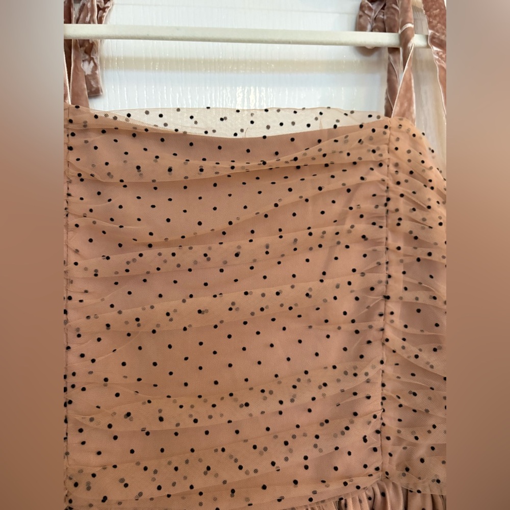 Entro Camel Polka Dotted Mesh Overlay Shoulder Tie Maxi Dress Medium Fairycore - Picture 14 of 16